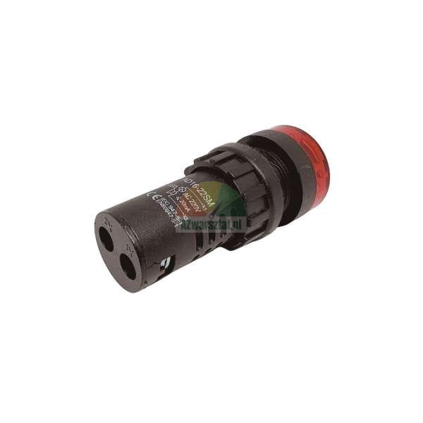 Czerwona lampka sygnalizacyjna LED (kontrolka) AD16-22SM 220V do montażu panelowego, widoczna w czarnej obudowie na białym tle.