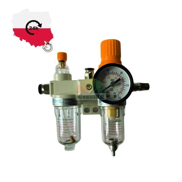 Zestaw filtru i reduktora ciśnienia do instalacji pneumatycznej z manometrem i pomarańczowymi pokrętłami. Na obrazku mapa Polski z symbolem '24h' wskazującym na szybką wysyłkę.