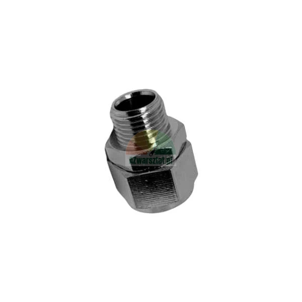 Chromowany metalowy adapter obrotowy z gwintem zewnętrznym do systemów pneumatycznych.