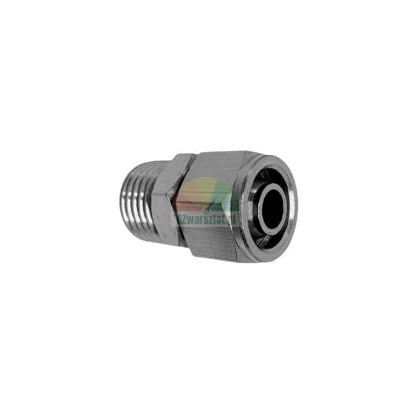 Prosta metalowa złączka skręcana z gwintem zewnętrznym, adapter do rurki w systemach pneumatycznych lub hydraulicznych.