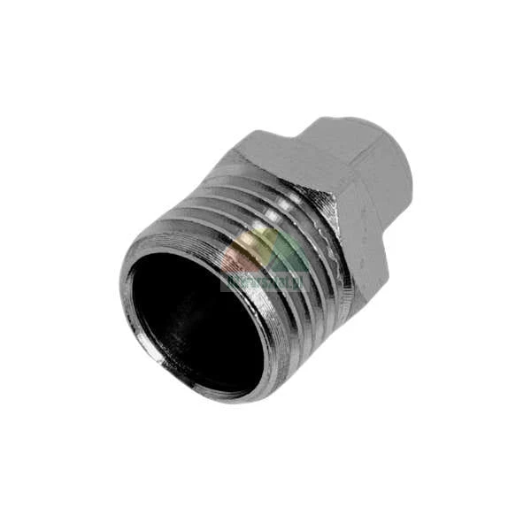 Chromowany metalowy adapter z gwintem zewnętrznym i sześciokątną głowicą do systemów pneumatycznych lub hydraulicznych.