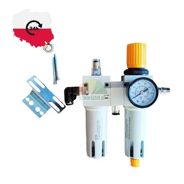 Zespół przygotowania sprężonego powietrza F+R (filtr i reduktor) z manometrem i uchwytem montażowym. Dostępność 24h w Polsce.