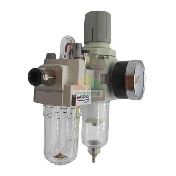 Zespół przygotowania powietrza (FRL/FR) z filtrem, regulatorem ciśnienia i manometrem, model WAC2010-02C.