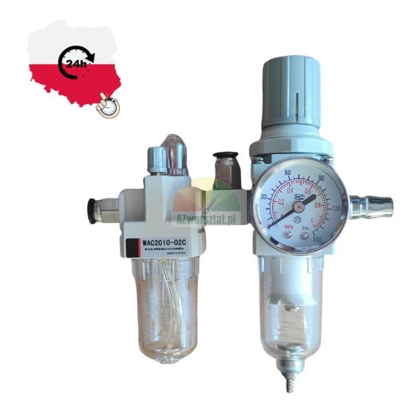 Filtr i reduktor powietrza WAC2010-02C, jednostka przygotowania sprężonego powietrza z manometrem, szybka wysyłka 24h Polska.