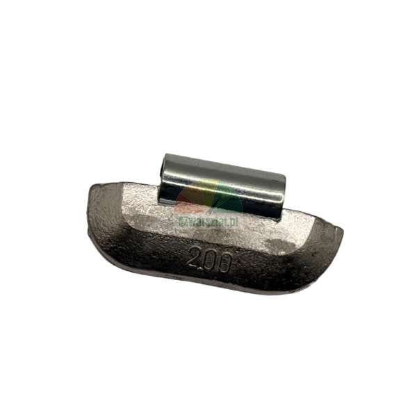 Ciężarek nabijany do wyważania kół z wybitym numerem 200, metalowy element wulkanizacyjny.