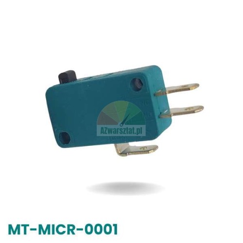 Mikroprzełącznik w kolorze turkusowym z czarnym przyciskiem i metalowymi konektorami, model MT-MICR-0001.