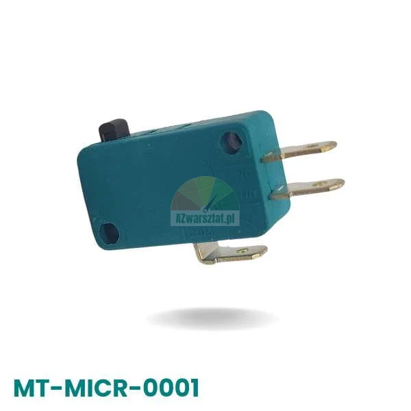 Mikroprzełącznik w kolorze turkusowym z czarnym przyciskiem i metalowymi konektorami, model MT-MICR-0001.