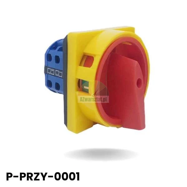 Włącznik główny 20A z czerwonym pokrętłem w żółtej obudowie, model P-PRZY-0001