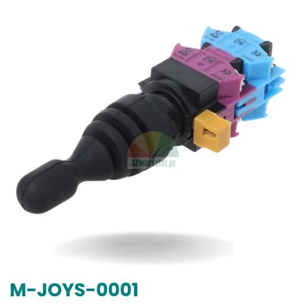 Joystick panelu sterowania montażownicy ciężarowej M-JOYS-0001 z czarną gumową osłoną i kolorowymi stykami.