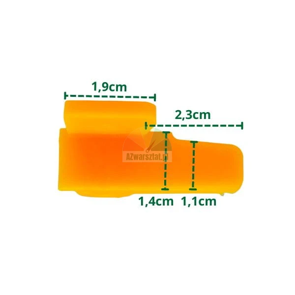 Pomarańczowy element plastikowy z naniesionymi wymiarami: szerokość górna 1,9 cm, długość boczna 2,3 cm, wysokości 1,4 cm i 1,1 cm.