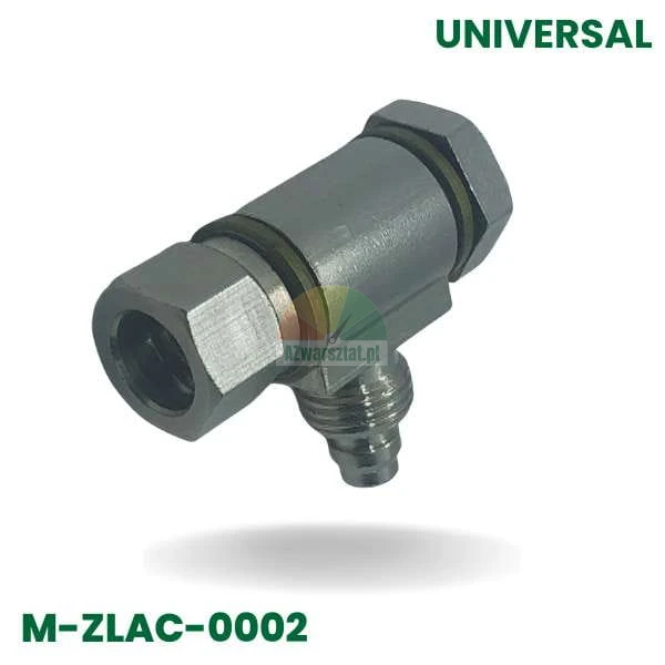 Metalowa złączka hydrauliczna typu T z uszczelkami i śrubą, model M-ZLAC-0002.
