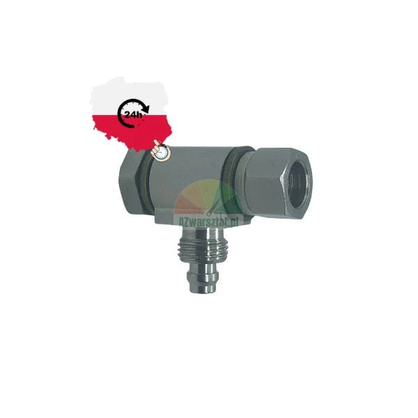 Metalowy trójnik hydrauliczny typu oczkowego z gwintem zewnętrznym na białym tle z ikoną wysyłki 24h z Polski
