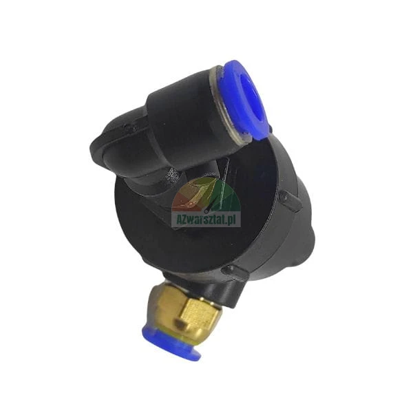 Pneumatyczny wyłącznik ciśnieniowy lub zawór z dwoma przyłączami wtykowymi i niebieskimi pierścieniami na białym tle.