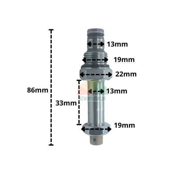 Metalowy element mechaniczny z wymiarami: długość całkowita 86mm, długość odcinka 33mm oraz średnice 13mm, 19mm i 22mm.