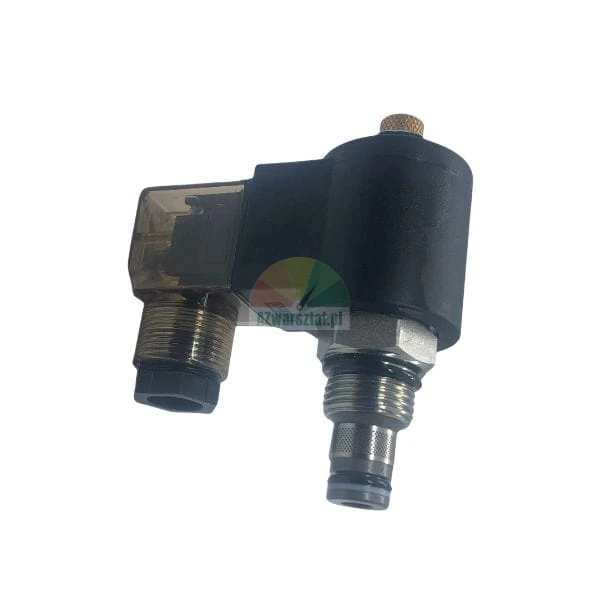 Elektrozawór hydrauliczny nabojowy z cewką i wtyczką elektryczną na białym tle.
