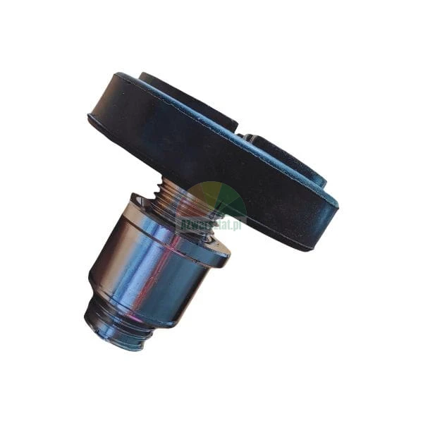 Czujnik ciśnienia opon TPMS z czarną prostokątną obudową i srebrnym metalowym zaworem.