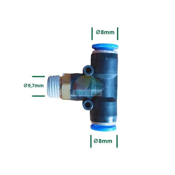 Złączka pneumatyczna T, gwint 9,7mm, wtyk 2x8mm
