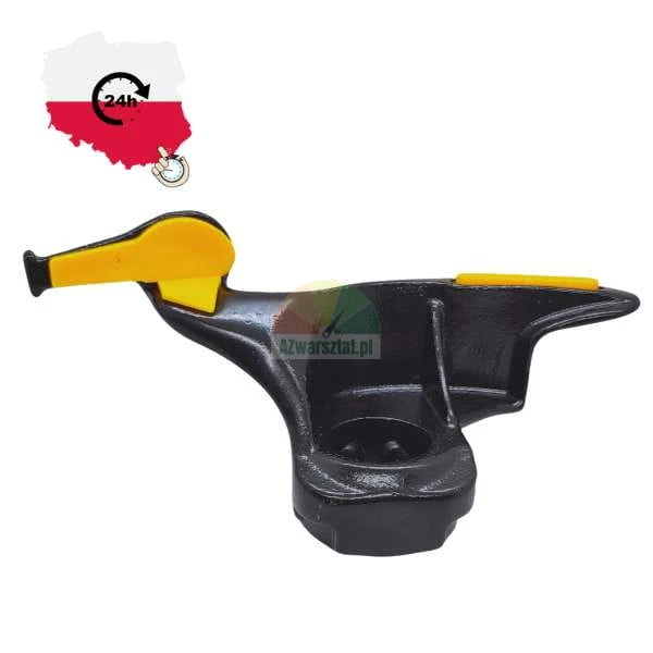 Metalowa głowica montażownicy do opon z żółtymi nakładkami ochronnymi.