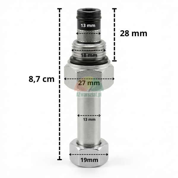 Zawór opuszczania do cewki 13mm G19mm z wymiarami technicznymi