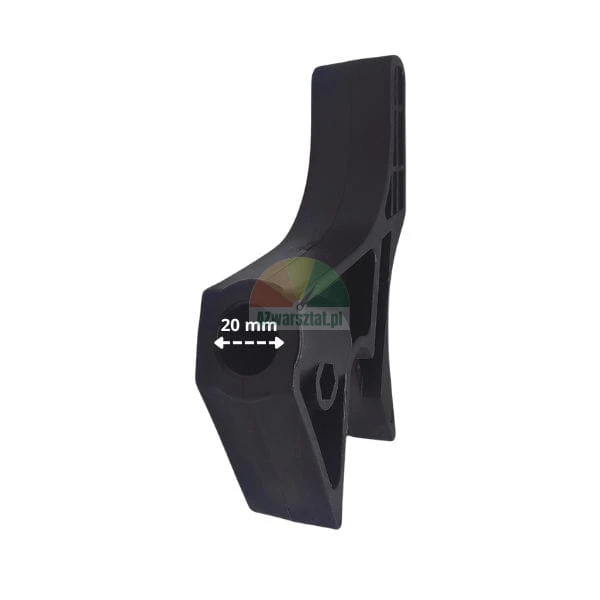 Czarny element z tworzywa sztucznego z otworem o średnicy 20 mm wskazanym białą strzałką.