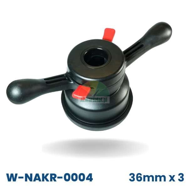 Zestaw nakrętka szybkomocująca 36mm x 3 W-NAKR-0004 z adapterem do felg aluminiowych, czarna z czerwonymi elementami.