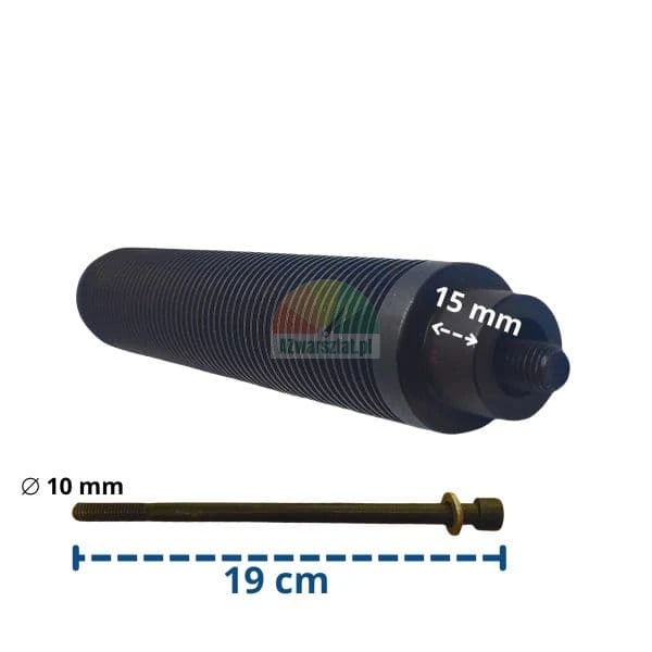 Czarny gwintowany walec z zaznaczonym wymiarem 15 mm oraz długa śruba o średnicy 10 mm i długości 19 cm.