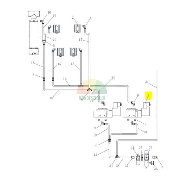 Schemat techniczny układu hydraulicznego lub pneumatycznego z ponumerowanymi elementami i podświetloną częścią numer 1.