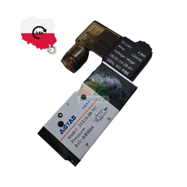 Elektrozawór pneumatyczny AIGYAD 3V210-08-NC 24V DC, 3/2 drogowy, stopień ochrony IP65, ciśnienie 0.15-0.8 MPa.