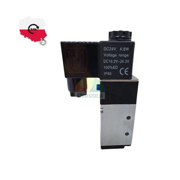 Elektrozawór pneumatyczny DC24V 4.8W IP65 z czarną cewką i aluminiowym korpusem.