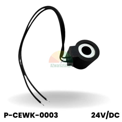 Czarna cewka elektromagnetyczna 24V DC z dwoma przewodami, model P-CEWK-0003.