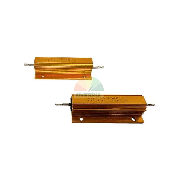 Dwa złote rezystory mocy 100W 15 Ohm w obudowie aluminiowej z radiatorami na białym tle