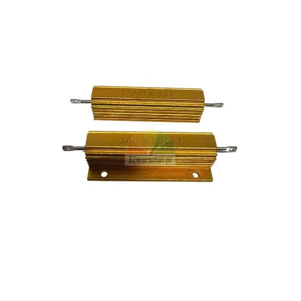 Dwa złote rezystory mocy 100W 10 Ohm w aluminiowej obudowie z radiatorem.
