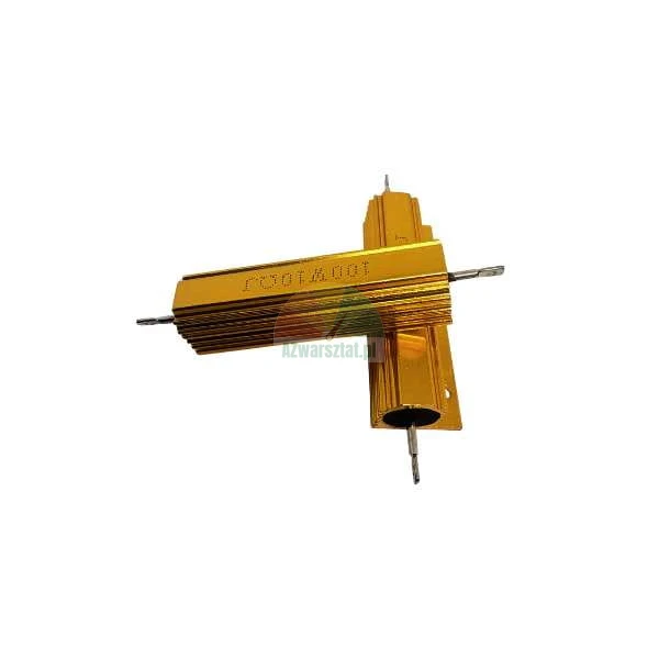 Dwa złote rezystory mocy w aluminiowej obudowie 100W 10 Ohm skrzyżowane na białym tle.
