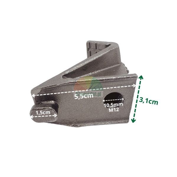 Metalowy odlew zacisku montażowego z naniesionymi wymiarami: długość 5,5 cm, wysokość 3,1 cm, otwór 10,5 mm M12.