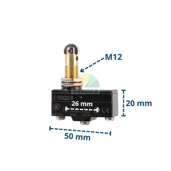 Mikroprzełącznik Z-15GQ22-B z rolką, wymiary 50x20 mm, rozstaw otworów 26 mm, gwint M12.