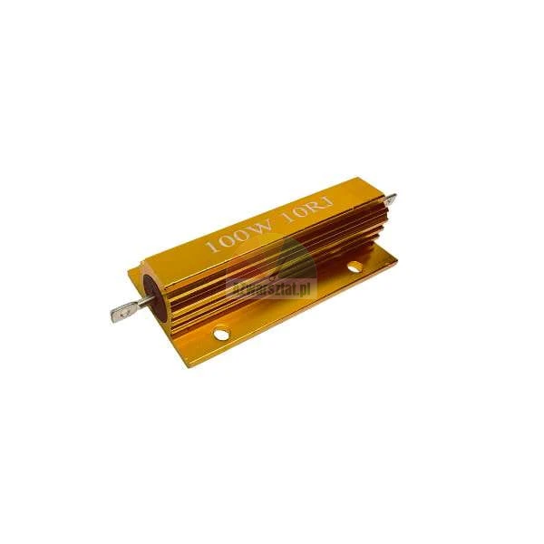 Rezystor mocy 100W 10 Ohm w złotej aluminiowej obudowie z radiatorami.