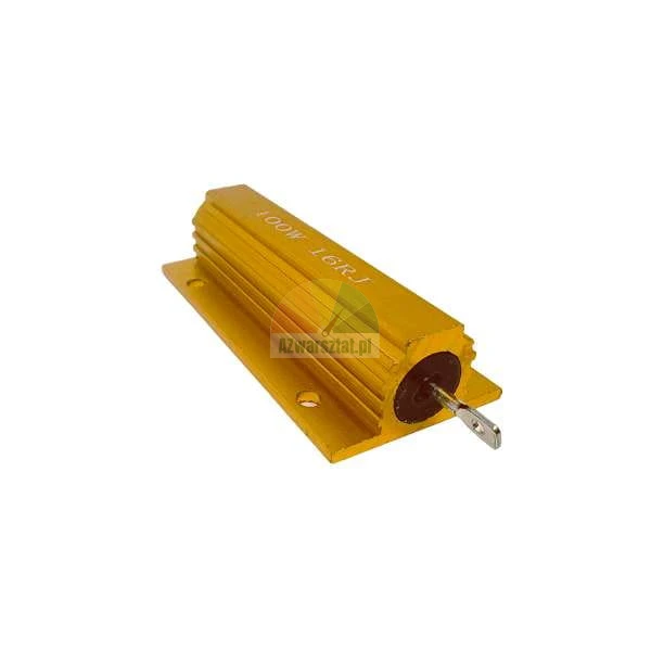 Złoty rezystor mocy 100W 16 Ohm w aluminiowej obudowie radiatorowej na białym tle.