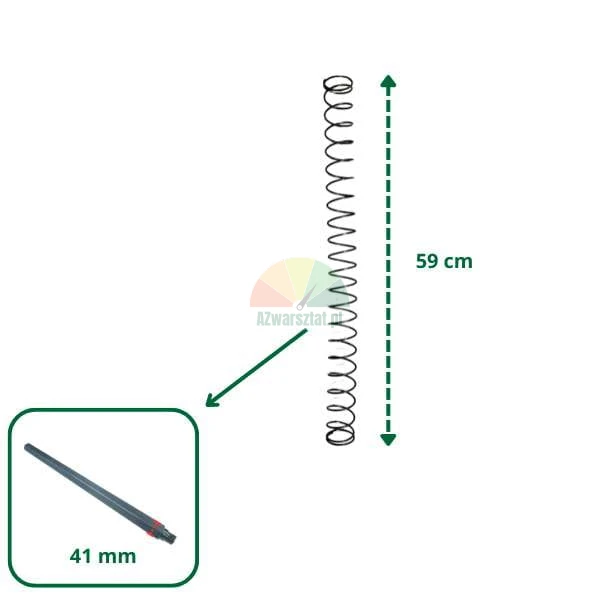Sprężyna o wysokości 59 cm i szczegółowy widok elementu o długości 41 mm.