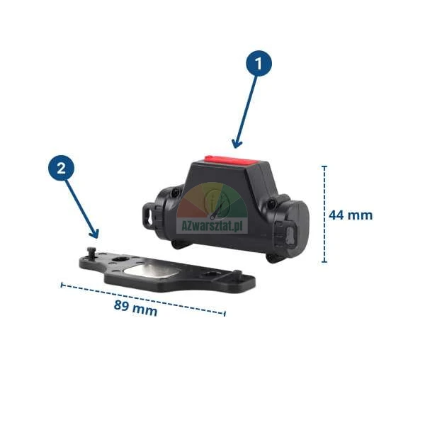 Czujnik magnetyczny z podstawką montażową, wymiary 89 mm długości i 44 mm wysokości, elementy oznaczone cyframi 1 i 2.