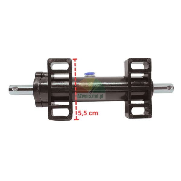 Siłownik hydrauliczny układu wspomagania z uchwytami montażowymi i wymiarem 15,5 cm.