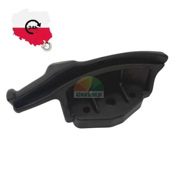 Czarny plastikowy ślizg prowadnicy drzwi przesuwnych na białym tle z ikoną dostawy 24h.