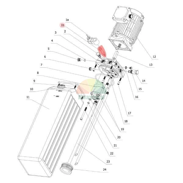 Schemat złożeniowy zasilacza hydraulicznego z ponumerowanymi częściami, podświetlony element 1b.