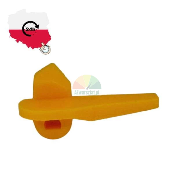 Żółty plastikowy element, rączka mechanizmu na białym tle z logo wysyłka z Polski 24h.
