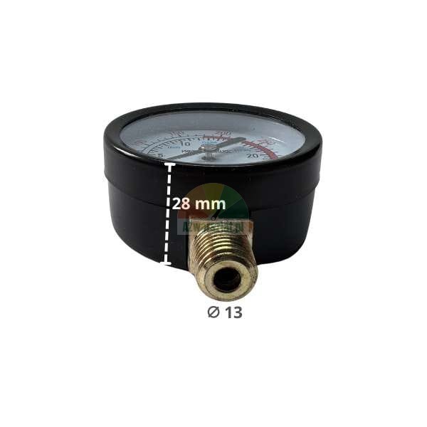 Manometr tarczowy w czarnej obudowie z zaznaczoną wysokością 28 mm i średnicą gwintu 13 mm.