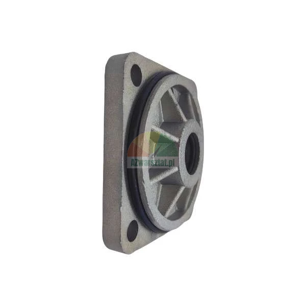 Metalowa flansza pompy hydraulicznej z czarnym uszczelnieniem typu O-ring.