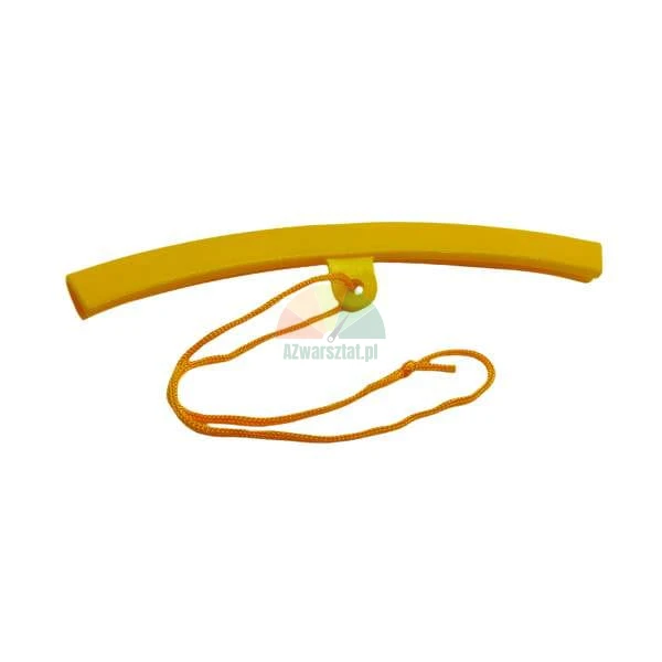 Żółty lekko wygięty element plastikowy z przewleczonym pomarańczowym sznurkiem.