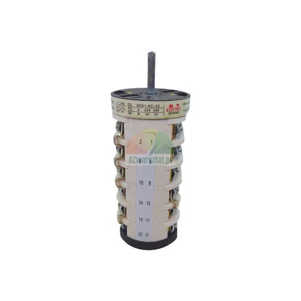 Lacznik krzywkowy wielotorowy DY Electric, 32A, 220/380V, widok z boku na ponumerowane styki.