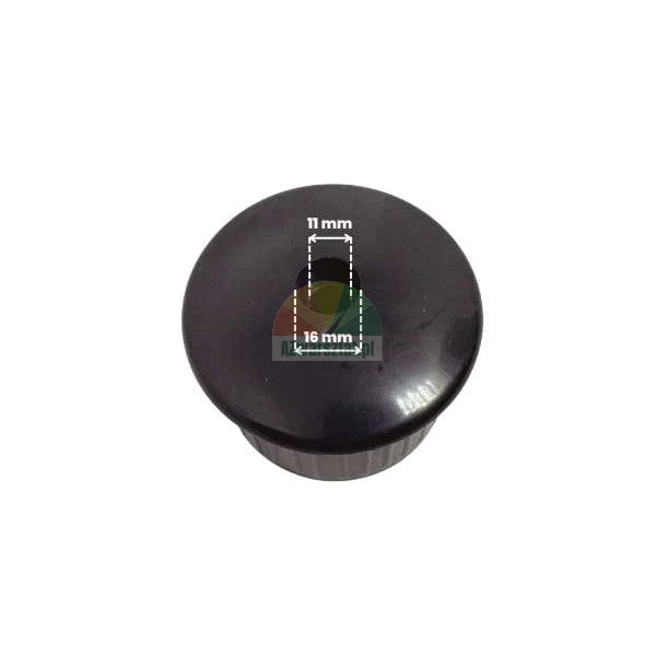 Czarna plastikowa nakładka okrągła z wymiarami dla otworów 11 mm i 16 mm.