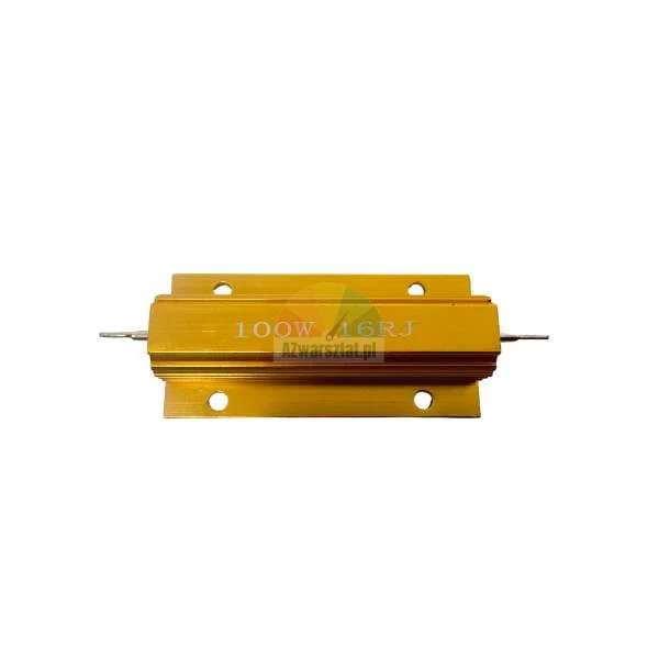Złoty rezystor mocy 100W 16RJ w aluminiowej obudowie na białym tle.