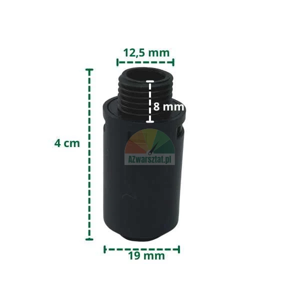 Tłumik plastikowy z gwintem 12.7mm i wymiarami na zdjęciu